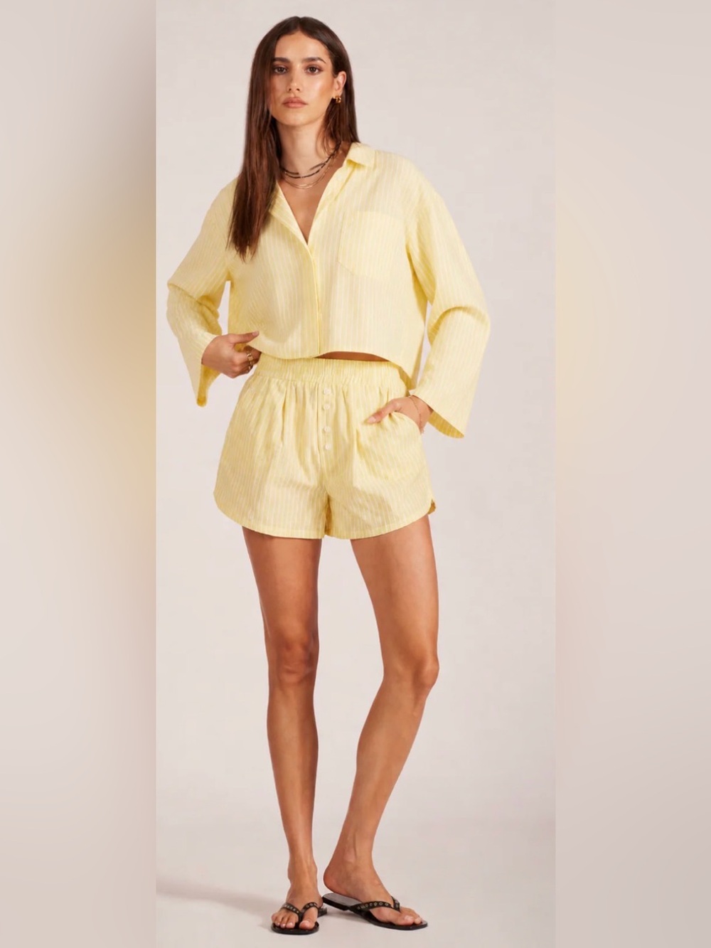 NWT: bobi Yellow & White Striped Cropped Button Down & High-Waist Lounge Shorts